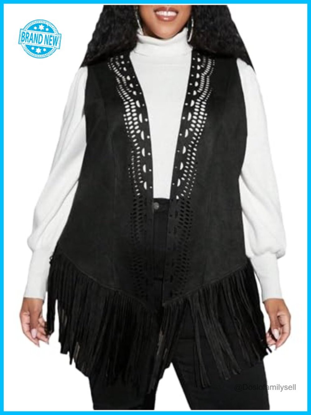 Plus Size Fringe Sleeveless Vest Faux Suede 70s Hippie Open Front Cardigan